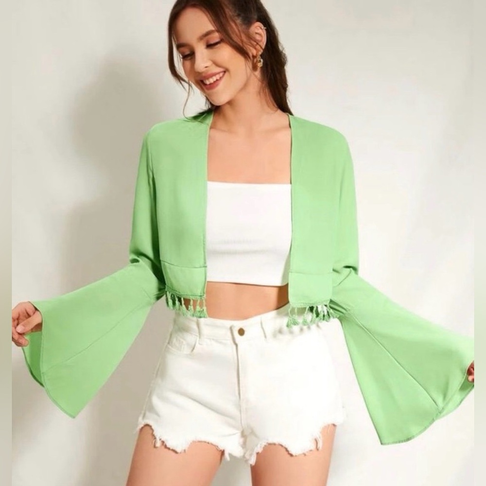 Light Green Cropped Bell Sleeve Cardigan